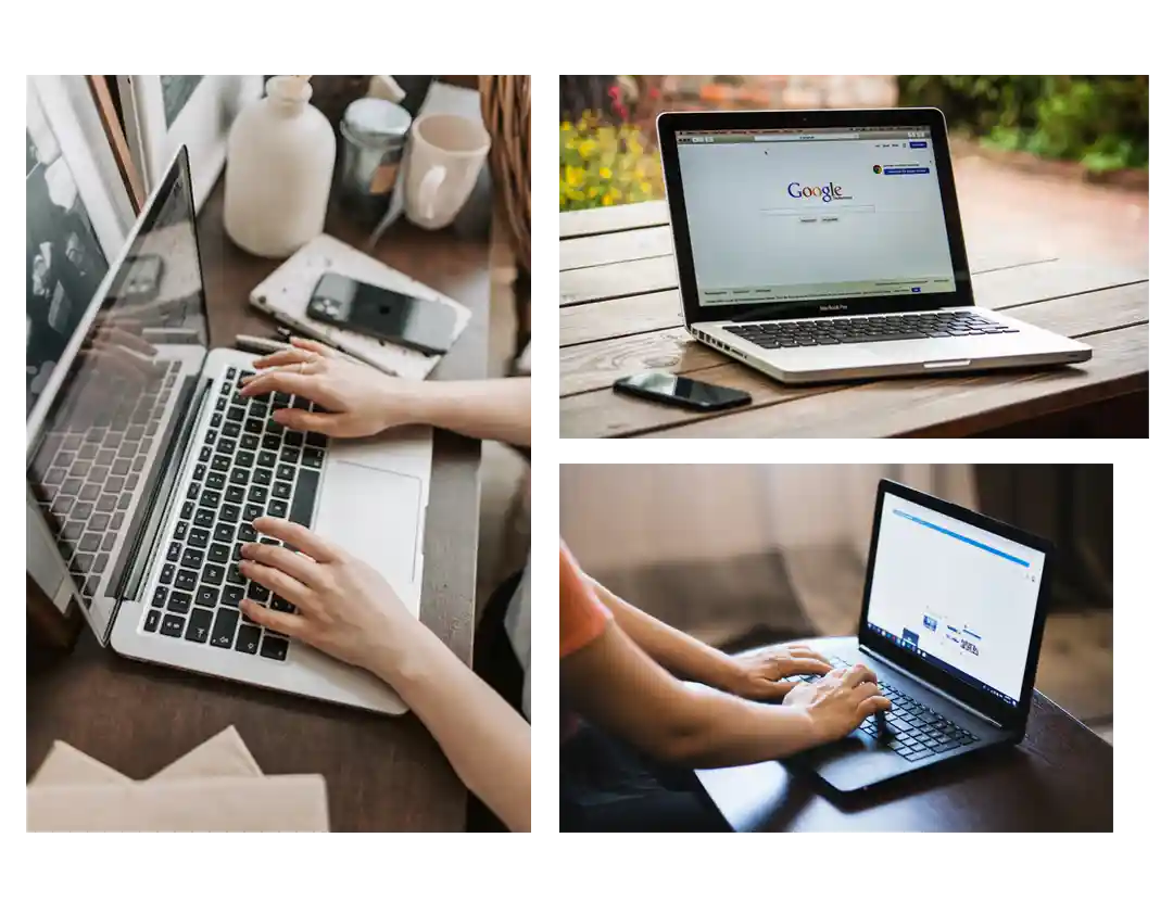 Kolase tiga orang mengetik di laptop, satu membuka halaman pencarian Google