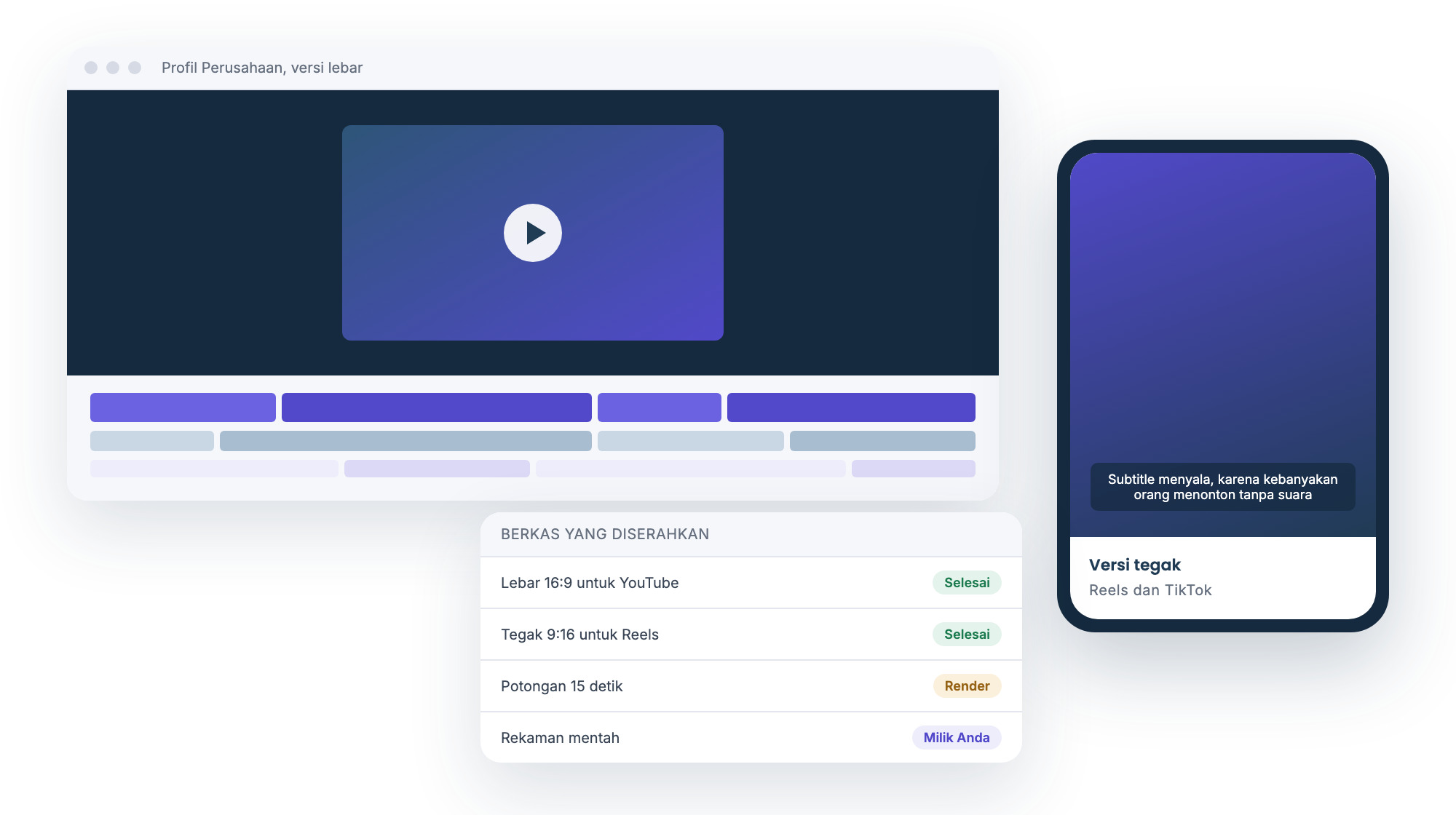 Ruang penyuntingan video dengan garis waktu dan versi tegak bersubtitle di ponsel